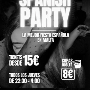 Cartel de la Spanish Party en Paceville Malta, fiesta en español con reggaetón, hits latinos y ambiente Erasmus