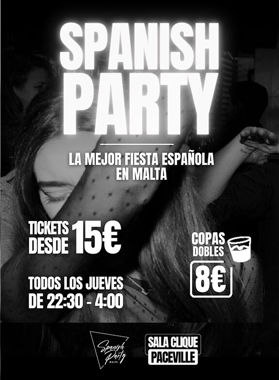 Cartel de la Spanish Party en Paceville Malta, fiesta en español con reggaetón, hits latinos y ambiente Erasmus
