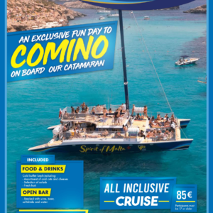 Cartel de la excursión en catamarán Spirit of Malta a Comino y Blue Lagoon con imagen del barco y el mar turquesa de Malta