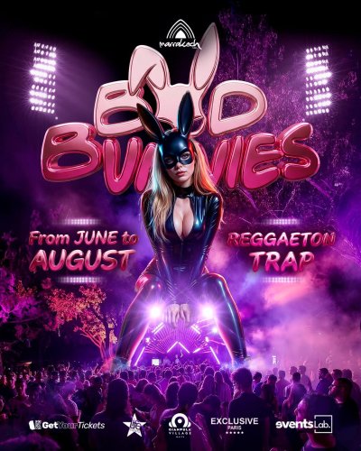 Cartel de la fiesta Bad Bunnies en Gianpula Village Malta con temática reggaeton, hip hop y trap