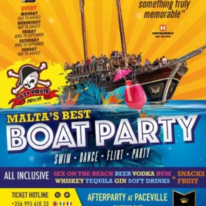 Boat Party en Malta para españoles con música, alcohol y fiesta en barco al atardecer