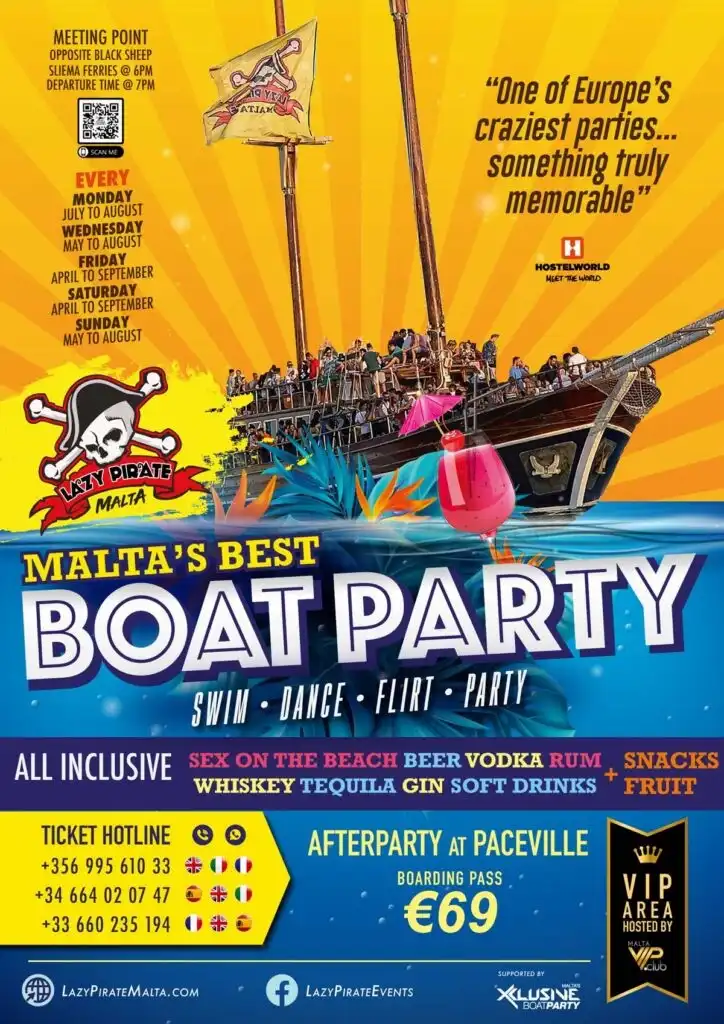 Boat Party en Malta para españoles con música, alcohol y fiesta en barco al atardecer