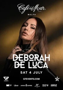 Deborah De Luca en Malta en Café del Mar con fiesta techno y sunset party en 2026