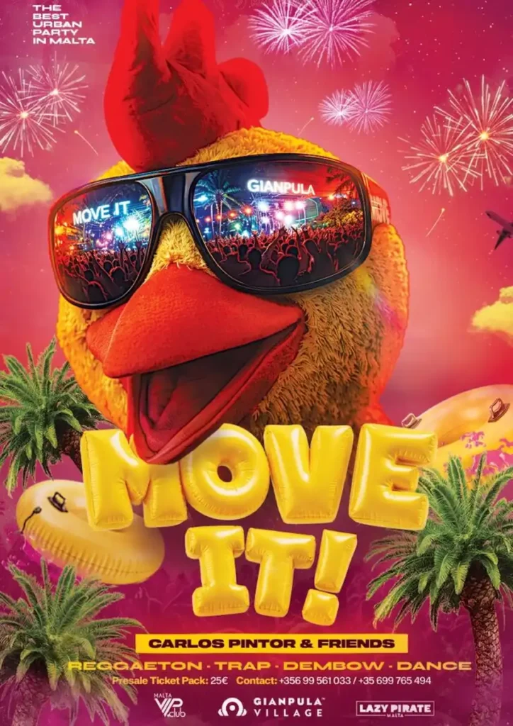 Fiesta Move It en Gianpula Malta, con música en vivo y un ambiente vibrante al aire libre.
