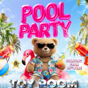 Cartel de la Pool Party Friday en Toy Room Beach Club Malta, fiesta de piscina con Frank y ambiente veraniego