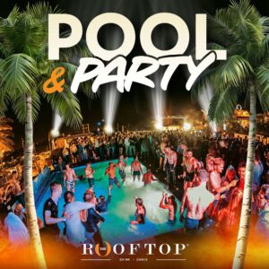 Pool party al atardecer en Gianpula Rooftop Malta con jóvenes bailando en la piscina