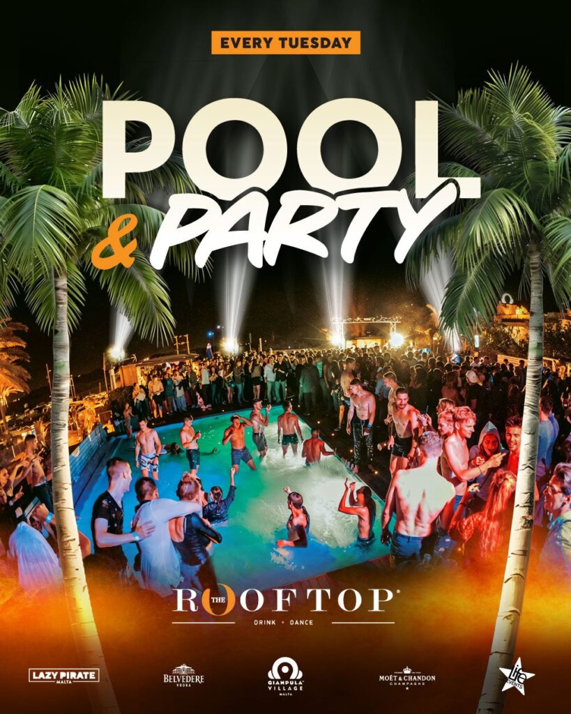 Pool party al atardecer en Gianpula Rooftop Malta con jóvenes bailando en la piscina