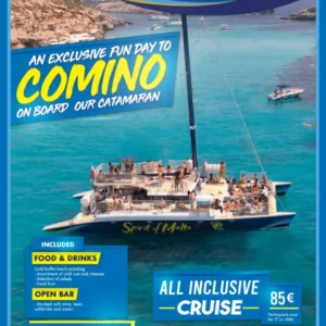 Cartel de la excursión en catamarán Spirit of Malta a Comino y Blue Lagoon con imagen del barco y el mar turquesa de Malta