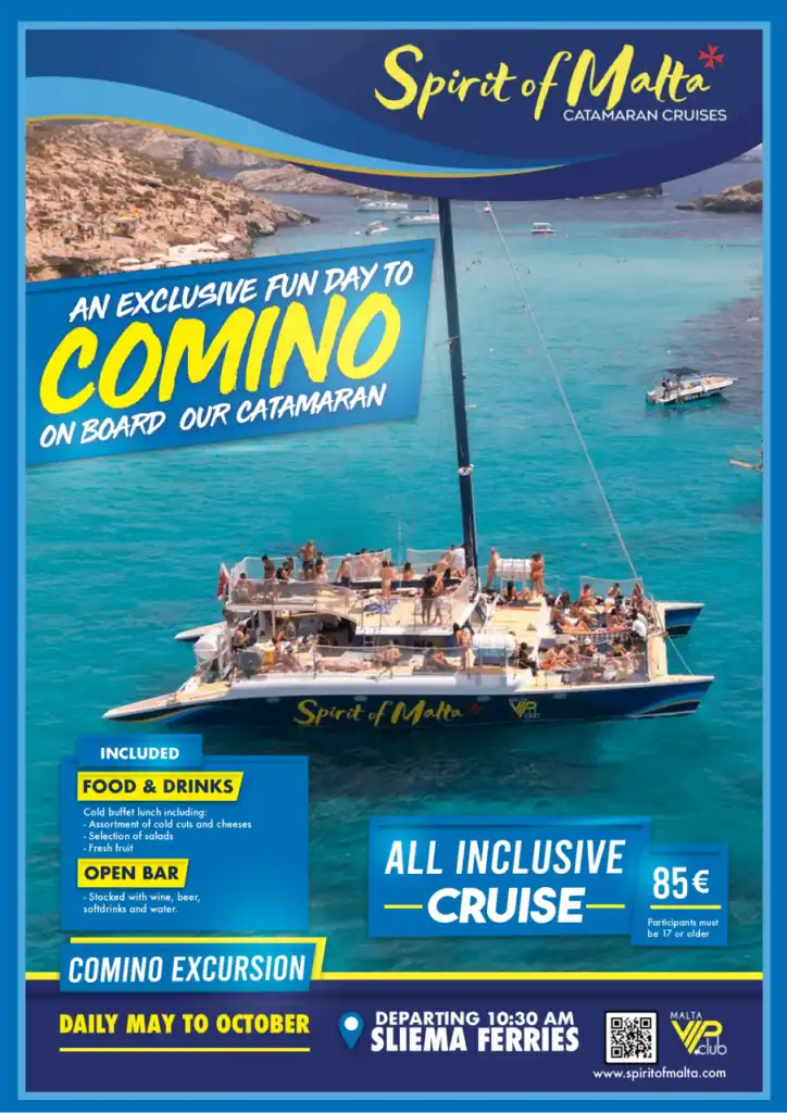 Cartel de la excursión en catamarán Spirit of Malta a Comino y Blue Lagoon con imagen del barco y el mar turquesa de Malta