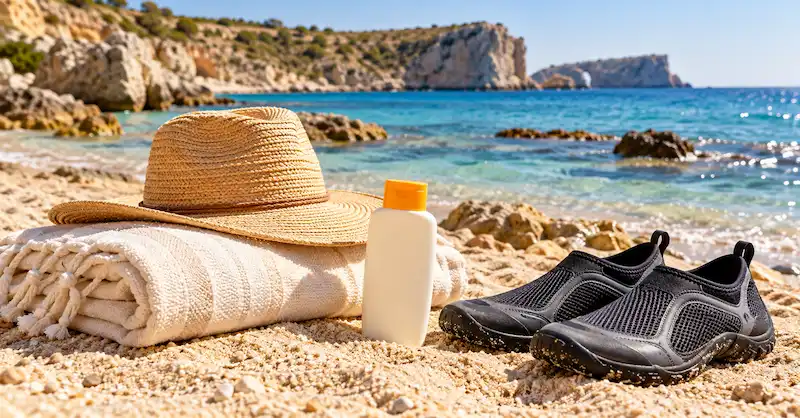 Toalla, sombrero, protector solar y calzado de agua para un día de playa en Malta.